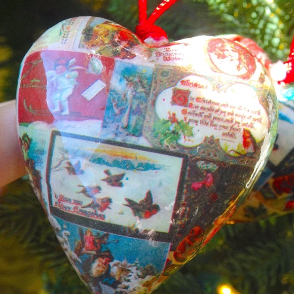 Decoupaged Puffy Heart Vintage Christmas Valentine's Image Collage Ornaments - 2 - Picture 4 of 7